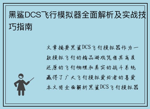 黑鲨DCS飞行模拟器全面解析及实战技巧指南