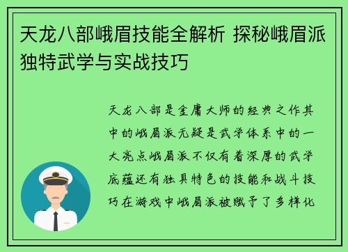 天龙八部峨眉技能全解析 探秘峨眉派独特武学与实战技巧